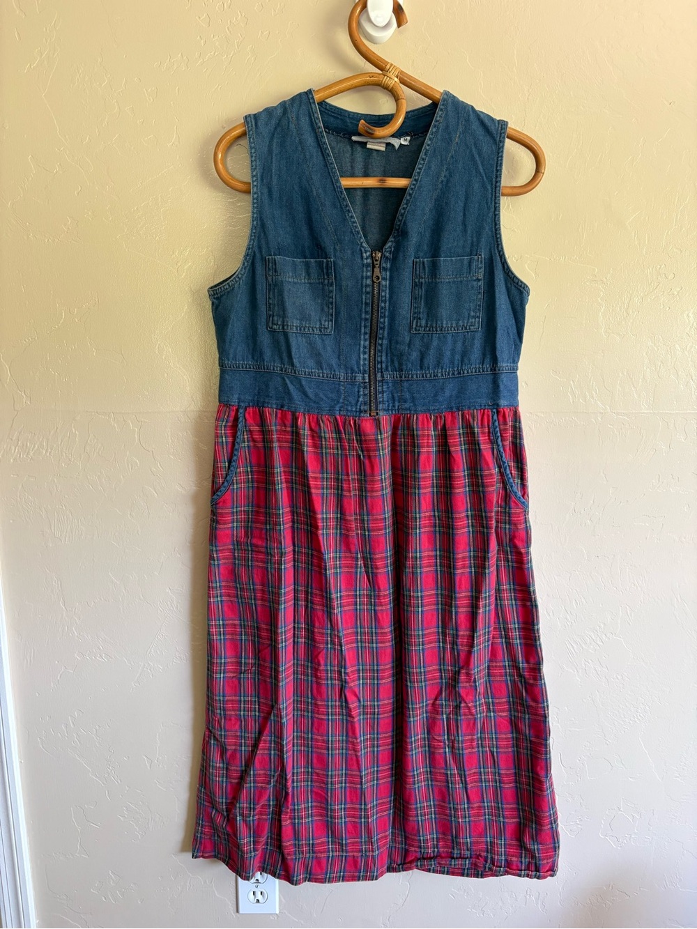 Vintage 90s Carol Anderson Denim Blue Jean Red Plaid Midi Length Dress Size M